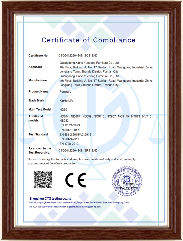 Quality compliance certificate for furniture manufacturing and export.