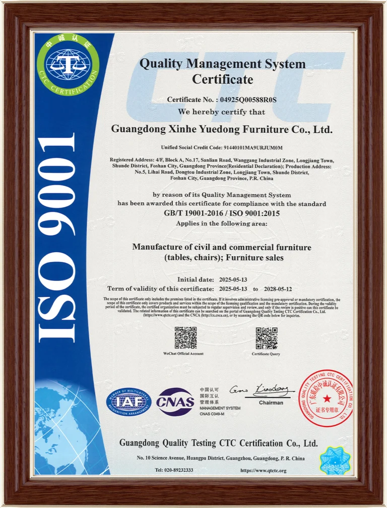 Certification document for furniture production quality and compliance.